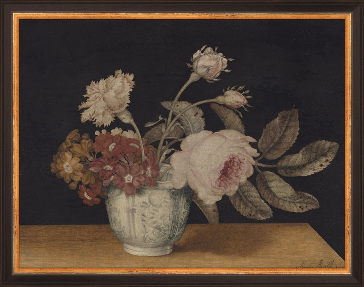Framed Vintage Vase of Flowers. Frame: Traditional Black and Gold. Paper: Rag Paper. Art Size: 10x13. Final Size: 11'' X 14''