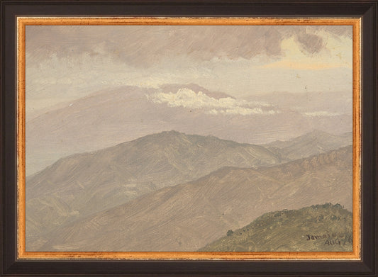 Framed Vintage Mountainscape. Frame: Traditional Black and Gold. Paper: Rag Paper. Art Size: 7x10. Final Size: 8'' X 11''