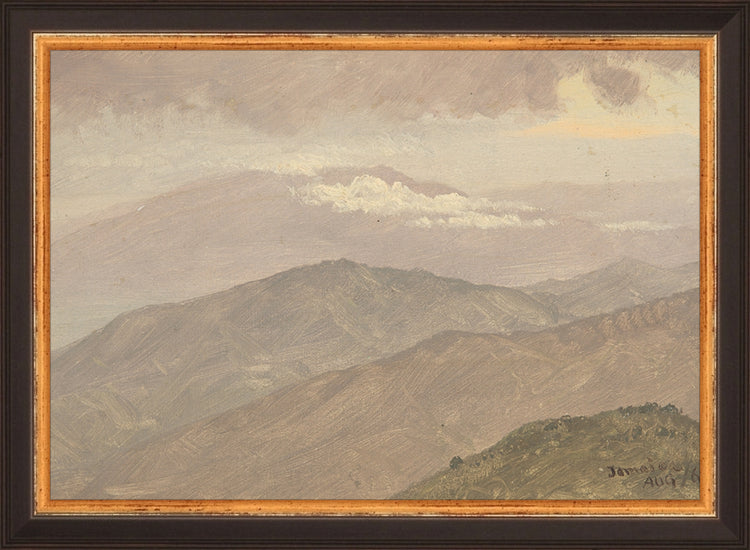 Framed Vintage Mountainscape. Frame: Traditional Black and Gold. Paper: Rag Paper. Art Size: 7x10. Final Size: 8'' X 11''