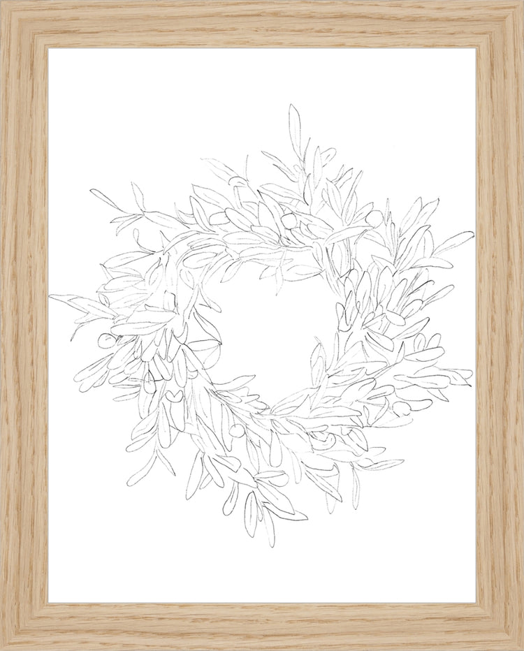 Framed OLIVE WREATH. Frame: Natural Oak. Paper: Rag Paper. Art Size: 9x7. Final Size: 10'' X 8''