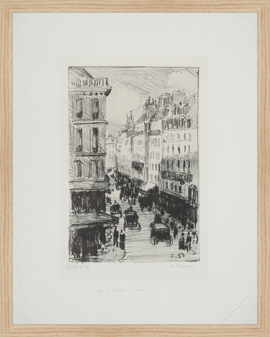 Framed Paris Streets. Frame: Natural Oak. Paper: Rag Paper. Art Size: 19x15. Final Size: 20'' X 16''