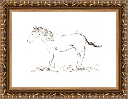 Uploaded Art:Horse Drawing copy.jpg. Frame: Gold Ornate. Paper: Rag Paper. Art Size: 8x11. Final Size: 10'' X 13''