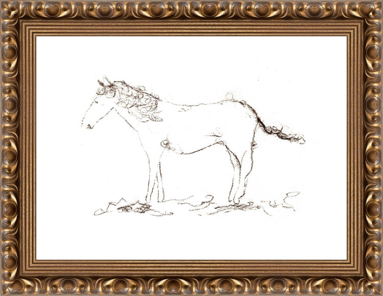 Uploaded Art:Horse Drawing copy.jpg. Frame: Gold Ornate. Paper: Rag Paper. Art Size: 8x11. Final Size: 10'' X 13''