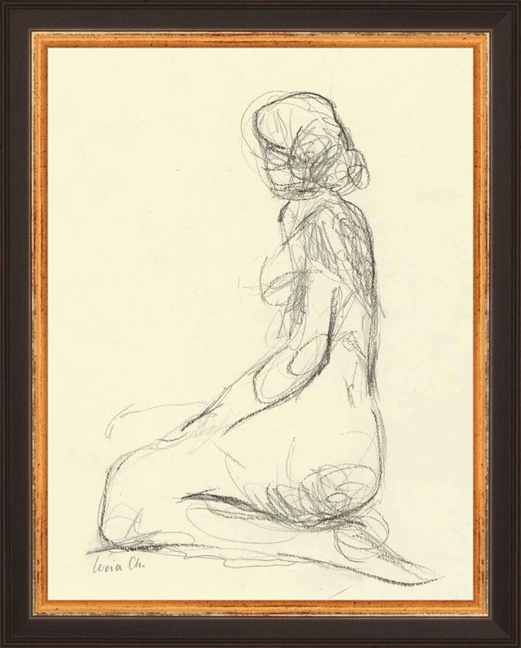 Framed Seated Figure Study. Frame: Traditional Black and Gold. Paper: Rag Paper. Art Size: 9x7. Final Size: 10'' X 8''