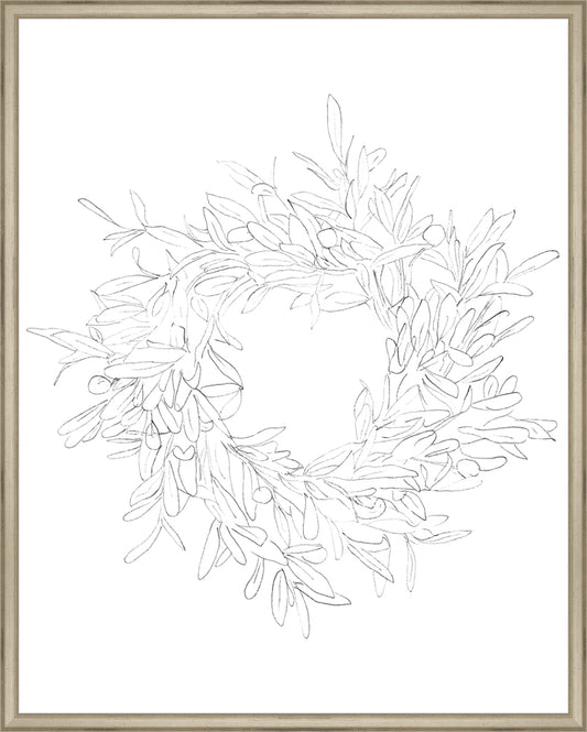 Framed OLIVE WREATH. Frame: Traditional Silver. Paper: Rag Paper. Art Size: 29x23. Final Size: 30'' X 24''