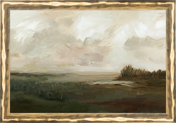 Framed Moody Countryside. Frame: Gold Textured. Paper: Rag Paper. Art Size: 6x9. Final Size: 6'' X 9''