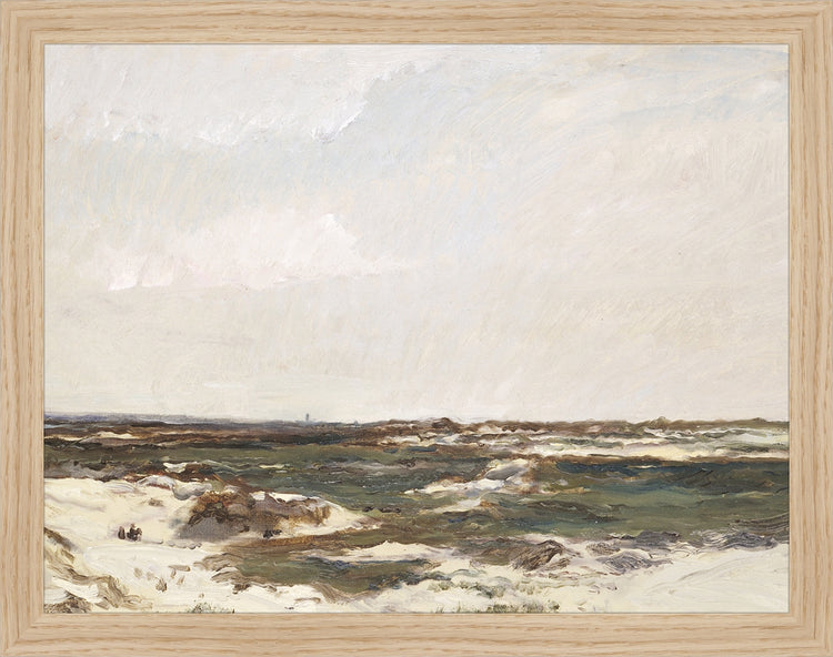 Framed Calais Dunes. Frame: Natural Oak. Paper: Rag Paper. Art Size: 10x13. Final Size: 11'' X 14''
