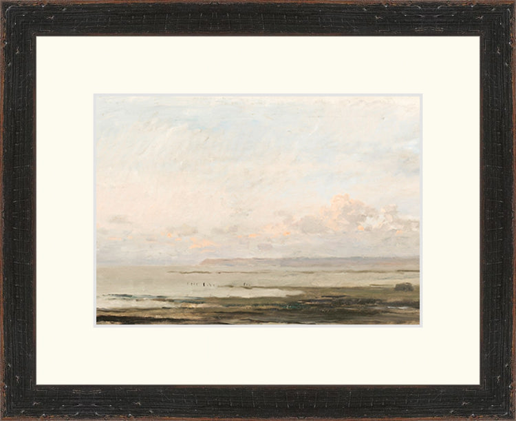 Framed Beach Landscape. Frame: Distressed Black. Paper: Rag Paper. Art Size: 5x7. Final Size: 9'' X 11''