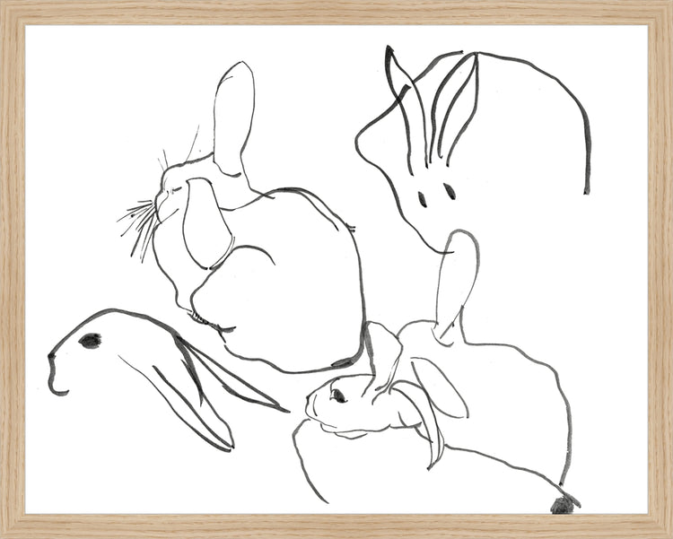 Framed Rabbits. Frame: Natural Oak. Paper: Rag Paper. Art Size: 15x19. Final Size: 16'' X 20''