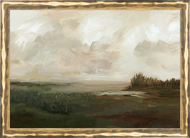Framed Moody Countryside. Frame: Gold Textured. Paper: Rag Paper. Art Size: 7x10. Final Size: 7'' X 10''