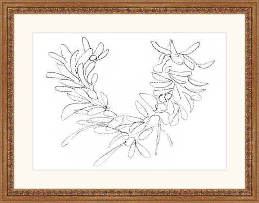 Framed Wreath Sketch. Frame: Madrid Gold. Paper: Rag Paper. Art Size: 10x14. Final Size: 14'' X 18''