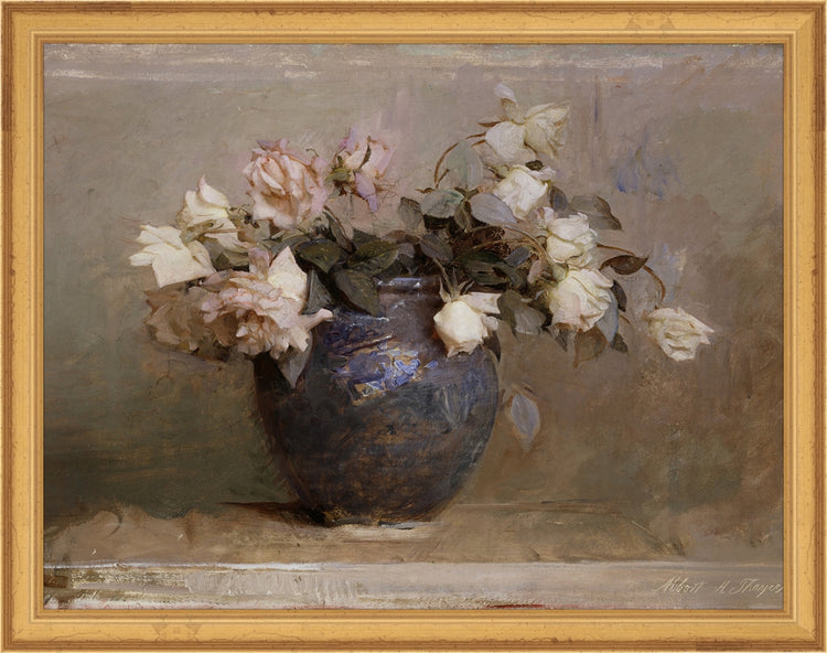 Framed Vase of Roses. Frame: Traditional Gold. Paper: Rag Paper. Art Size: 10x13. Final Size: 11'' X 14''