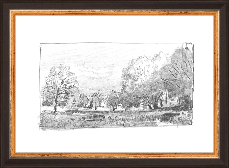 Framed Charcoal Trees 1. Frame: Traditional Black and Gold. Paper: Rag Paper. Art Size: 7x10. Final Size: 8'' X 11''