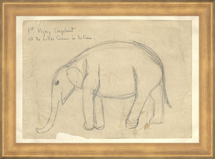 Framed Elephant. Frame: Timeless Gold. Paper: Rag Paper. Art Size: 7x10. Final Size: 8'' X 11''