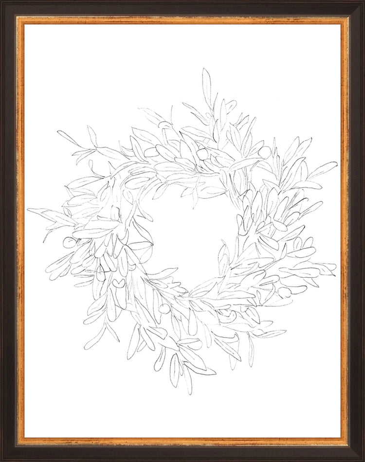 Framed OLIVE WREATH. Frame: Traditional Black and Gold. Paper: Rag Paper. Art Size: 13x10. Final Size: 14'' X 11''
