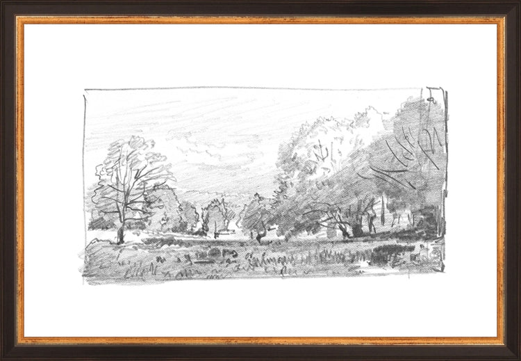Framed Charcoal Trees 1. Frame: Traditional Black and Gold. Paper: Rag Paper. Art Size: 10x15. Final Size: 11'' X 16''