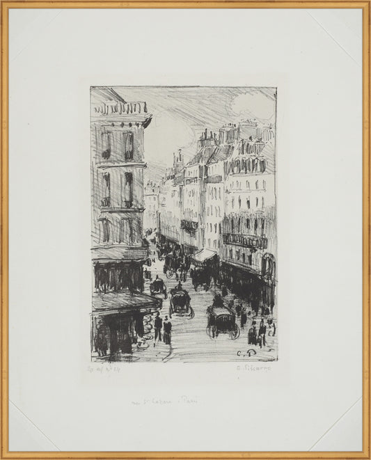 Framed Paris Streets. Frame: Traditional Gold. Paper: Watercolor Paper. Art Size: 40x32. Final Size: 41'' X 33''