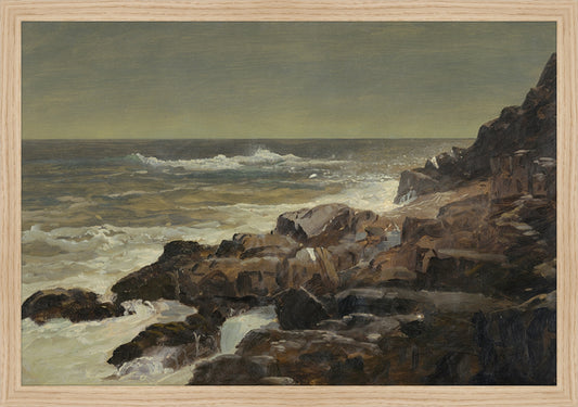 Framed Seashore. Frame: Natural Oak. Paper: Rag Paper. Art Size: 13x19. Final Size: 14'' X 20''