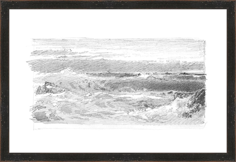 Framed Seascape 5. Frame: Distressed Black. Paper: Rag Paper. Art Size: 12x18. Final Size: 13'' X 19''