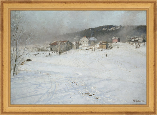 Framed Village. Frame: Traditional Gold. Paper: Rag Paper. Art Size: 7x10. Final Size: 8'' X 11''