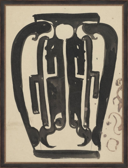 Framed Vintage Ink Vase II. Frame: Traditional Black and Gold Beaded. Paper: Rag Paper. Art Size: 20x15. Final Size: 21'' X 16''