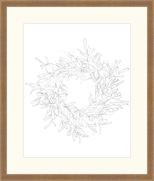 Framed OLIVE WREATH. Frame: Brown Distressed. Paper: Rag Paper. Art Size: 15x12. Final Size: 20'' X 17''