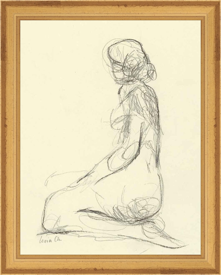 Framed Seated Figure Study. Frame: Traditional Gold. Paper: Rag Paper. Art Size: 9x7. Final Size: 10'' X 8''