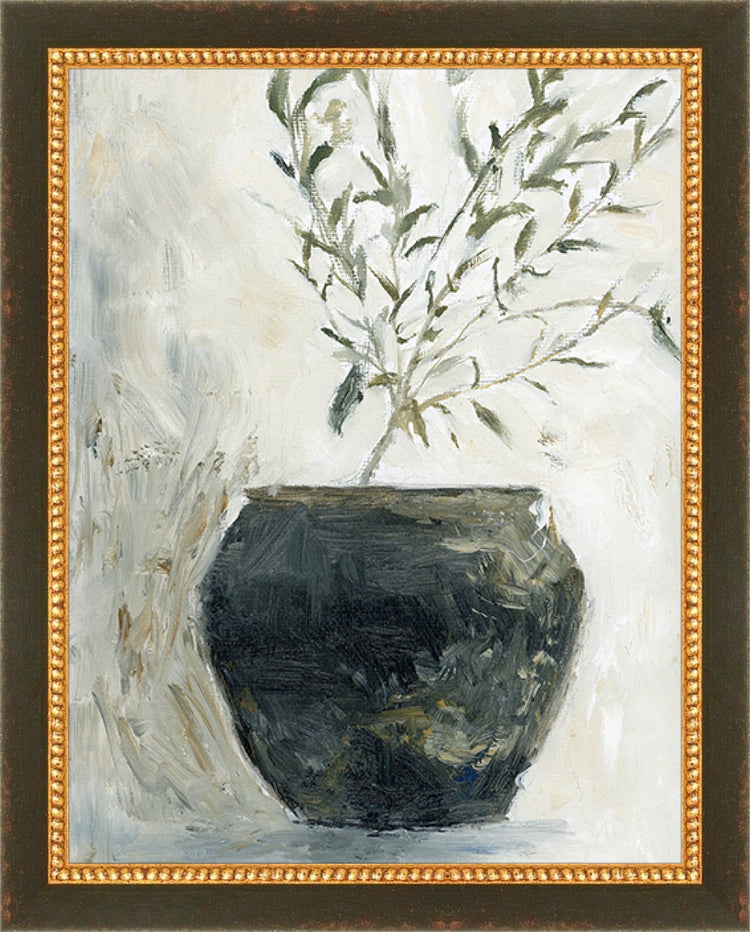 Framed Still Life Olive Tree. Frame: Black and Gold Beaded. Paper: Rag Paper. Art Size: 9x7. Final Size: 10'' X 8''