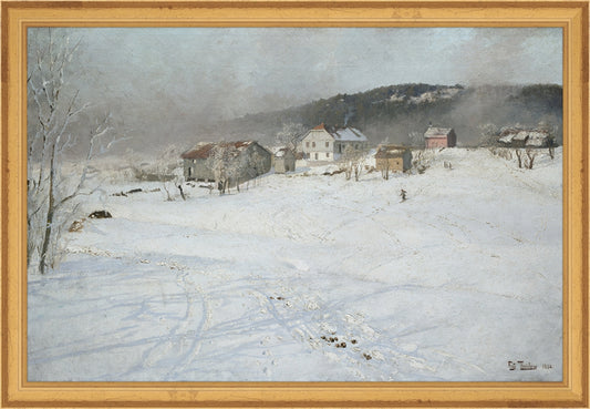 Framed Village. Frame: Traditional Gold. Paper: Rag Paper. Art Size: 10x15. Final Size: 11'' X 16''