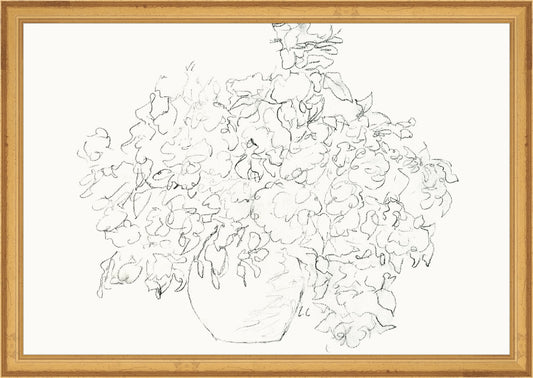 Framed Vase of Flowers Sketch. Frame: Traditional Gold. Paper: Rag Paper. Art Size: 11x16. Final Size: 12'' X 17''