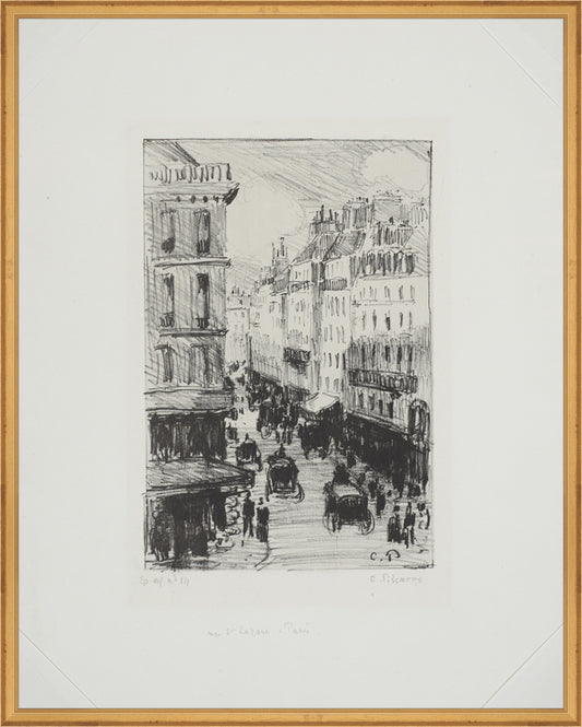 Framed Paris Streets. Frame: Traditional Gold. Paper: Rag Paper. Art Size: 29x23. Final Size: 30'' X 24''