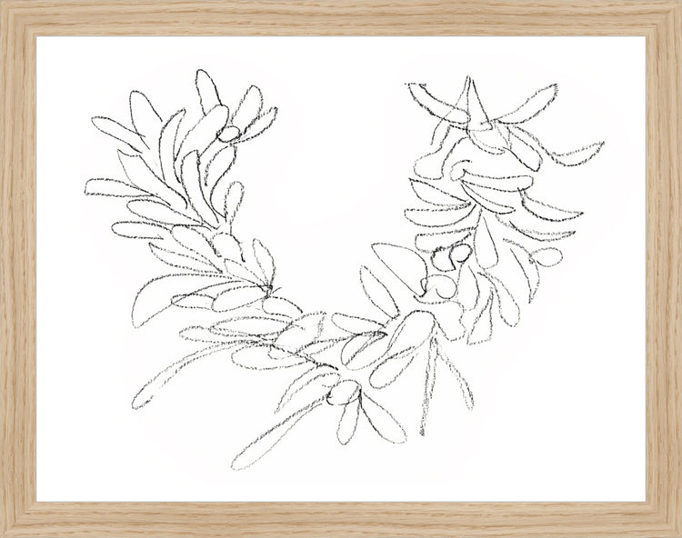 Framed Wreath Sketch. Frame: Natural Oak. Paper: Rag Paper. Art Size: 10x13. Final Size: 11'' X 14''
