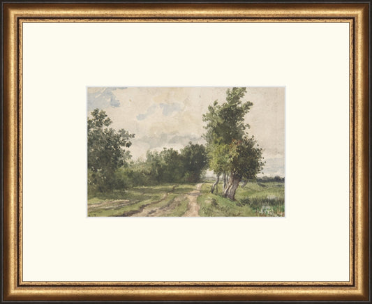 Framed Roads Landscape. Frame: Distressed Gold and Black. Paper: Rag Paper. Art Size: 6x9. Final Size: 13'' X 16''