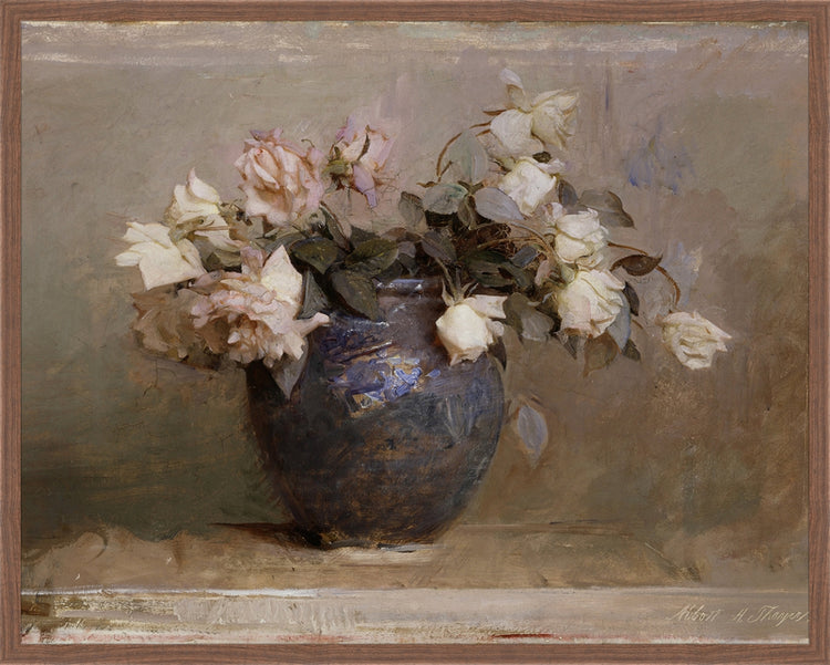 Framed Vase of Roses. Frame: Dark Walnut. Paper: Rag Paper. Art Size: 23x29. Final Size: 24'' X 30''