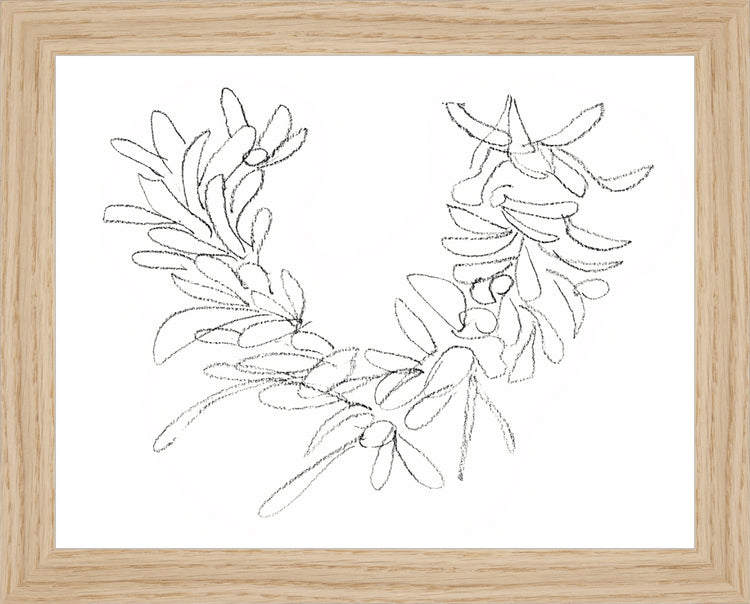 Framed Wreath Sketch. Frame: Natural Oak. Paper: Rag Paper. Art Size: 7x9. Final Size: 8'' X 10''