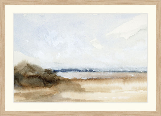 Framed Loose Shore. Frame: Natural Oak. Paper: Rag Paper. Art Size: 14x21. Final Size: 18'' X 25''