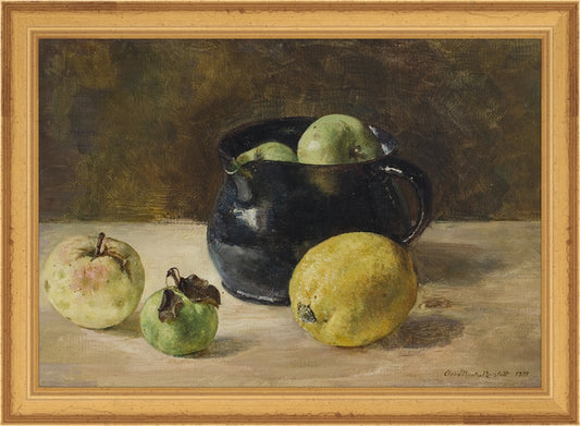 Framed Still Life With Fruits. Frame: Traditional Gold. Paper: Rag Paper. Art Size: 7x10. Final Size: 8'' X 11''