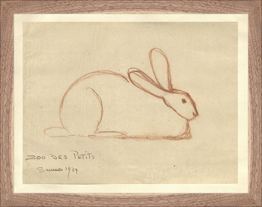 Framed Bunny. Frame: Natural Walnut. Paper: Rag Paper. Art Size: 10x13. Final Size: 11'' X 14''