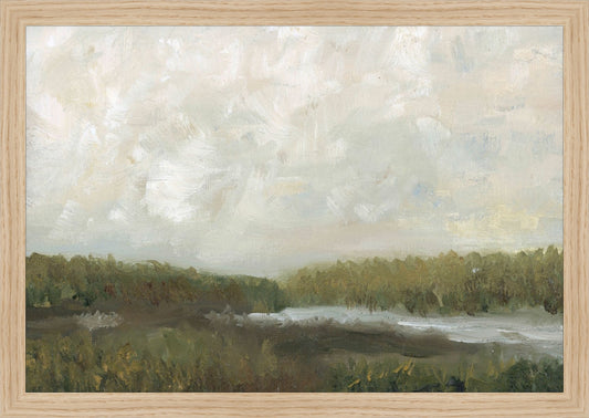 Framed Dreamy Pastures. Frame: Natural Oak. Paper: Rag Paper. Art Size: 11x16. Final Size: 12'' X 17''