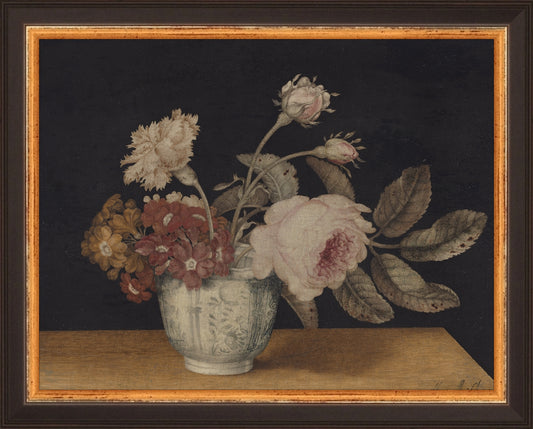 Framed Vintage Vase of Flowers. Frame: Traditional Black and Gold. Paper: Rag Paper. Art Size: 7x9. Final Size: 8'' X 10''