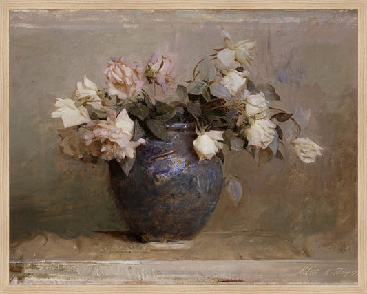 Framed Vase of Roses. Frame: Natural Oak. Paper: Rag Paper. Art Size: 23x29. Final Size: 24'' X 30''