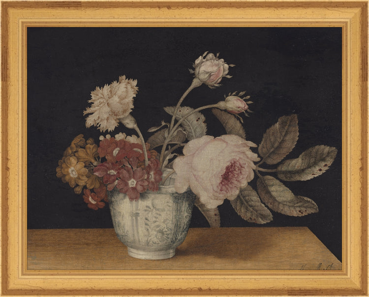 Framed Vintage Vase of Flowers. Frame: Traditional Gold. Paper: Rag Paper. Art Size: 7x9. Final Size: 8'' X 10''