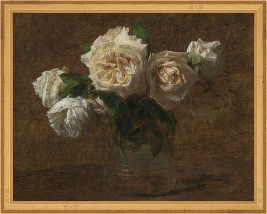 Framed Roses Still Life. Frame: Traditional Gold. Paper: Rag Paper. Art Size: 11x14. Final Size: 12'' X 15''