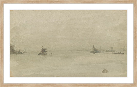 Framed Misty Sea. Frame: Natural Oak. Paper: Rag Paper. Art Size: 15x26. Final Size: 19'' X 30''