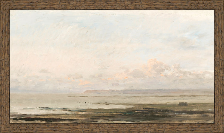 Framed Beach Landscape. Frame: Dark Walnut. Paper: Rag Paper. Art Size: 9x16. Final Size: 10'' X 17''