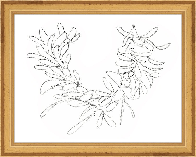 Framed Wreath Sketch. Frame: Traditional Gold. Paper: Rag Paper. Art Size: 7x9. Final Size: 8'' X 10''