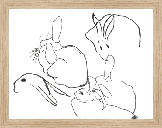 Framed Rabbits. Frame: Natural Oak. Paper: Rag Paper. Art Size: 10x13. Final Size: 11'' X 14''