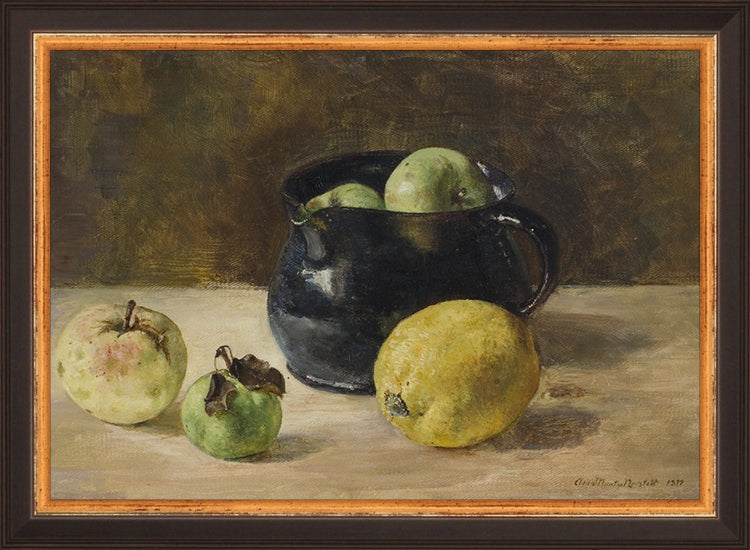 Framed Still Life With Fruits. Frame: Traditional Black and Gold. Paper: Rag Paper. Art Size: 7x10. Final Size: 8'' X 11''