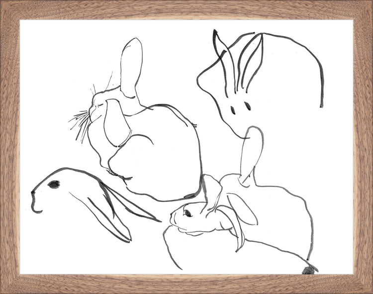 Framed Rabbits. Frame: Natural Walnut. Paper: Rag Paper. Art Size: 10x13. Final Size: 11'' X 14''