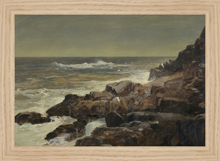 Framed Seashore. Frame: Natural Oak. Paper: Rag Paper. Art Size: 7x10. Final Size: 8'' X 11''
